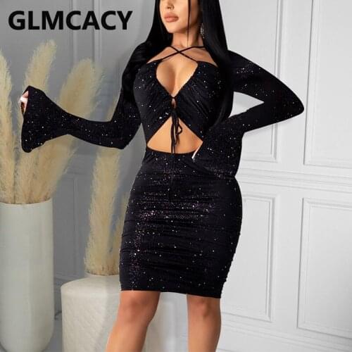 Women Flare Sleeve Glitter Sparkly Bodycon Party Club Mini Dress