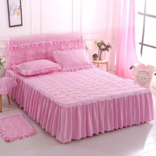 2020 new Cotton quilted embroidery Bed spread Fitted Sheet Pillowcases 2/3 pcs Luxury Solid color Pleated lace princess bedding