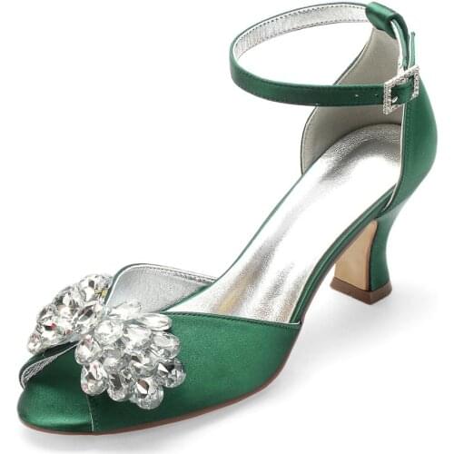 Open Toe Bridal Wedding Thick Hoof Heels Ankle Strap with Big Crystal Bowknot Prom Graduate Birthday Party Satin Dress Shoes
