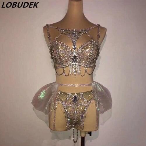 Glisten Silver Rhinestones Chain Bra Shorts Belt 3 Pieces Sexy Bar Party DJ Singer Dance Outfit Bikini Performance Stage Costume