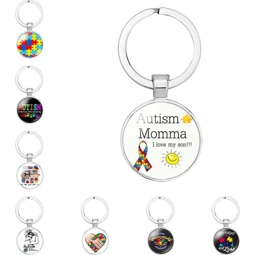 AUTISM Awareness Children Keychain For Boy Girls Glass Pendant Keyring Mom Key chain Accessories Gift