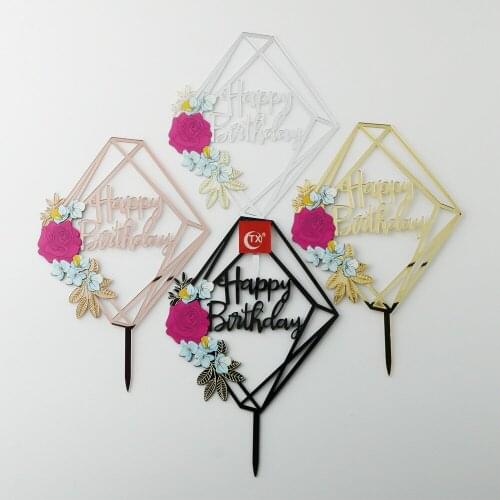 Ins Flower Three-dimensional Acrylic Cake Topper Rhombus 3D Happy Birthday Baking Cake Topper for Birthday Party Cake Decoration