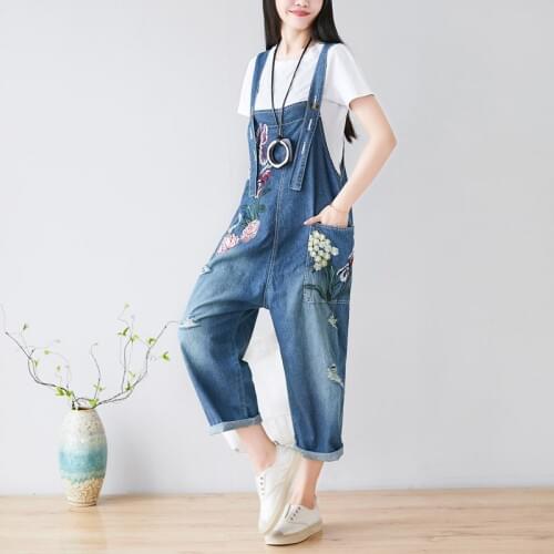 Embroidery Denim Jumpsuits Baggy Wide Leg Bodysuits Japanese jean Overalls Drop Crotch Suspenders Pants Ripped Hole Rompers