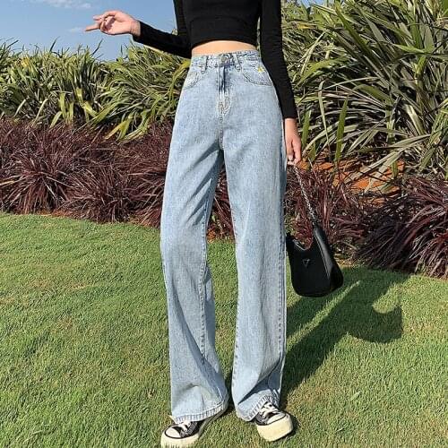 Mazefeng Jeans Women Full Length Wide Leg Denim Solid Vintage High Waist All-match Womens Trousers Korean Chic Daily Leisure