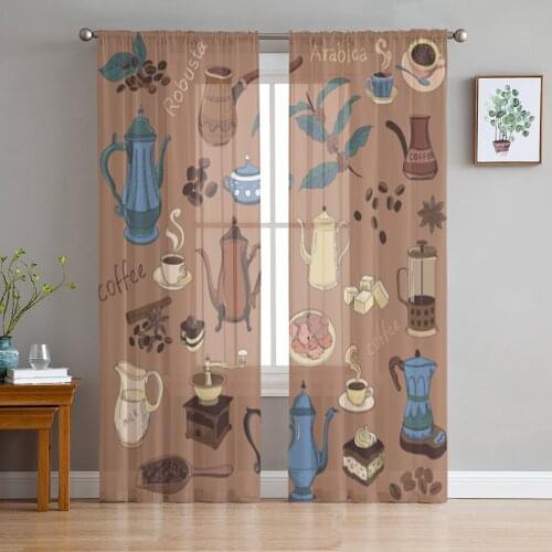 Coffee Cup Coffee Bean Doodle Tulle Curtains for Bedroom Home Decor Living Room Kitchen Voile Curtains for Blind Drapes