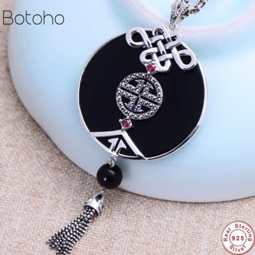 100% S925 Sterling Silver colour Tassel Gemstone Pendant Love knot Black Onyx Natural Stone Pendant Women Jewelry Bijuterias
