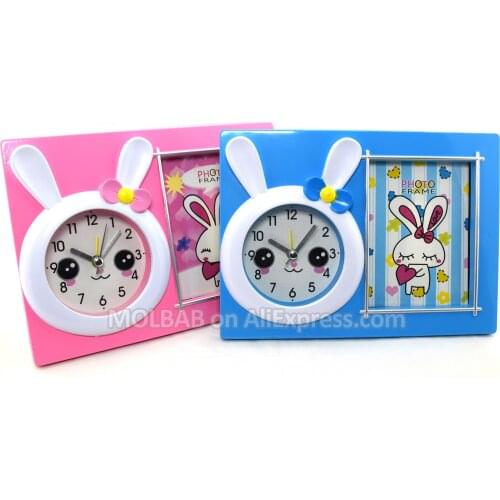 Cute Cartoon Bunny Children Tabletop Alarm Clock With Photo Frame Blue/Pink Kids Desk Clock Step Quartz Timepiece For Room Decor