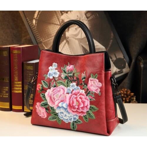 Niche Tote Bag Genuine Leather Women Handbag Flower Design Portable Bag Middle-Aged Ladies Mom Bag Large Capacity Crossbody Bags