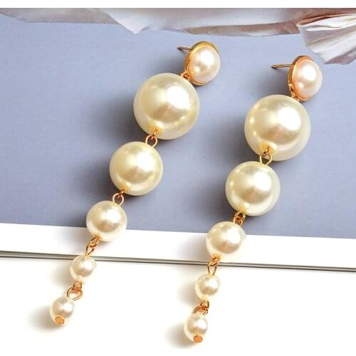 New Trend Simulated Pearl Womens Long Earrings White Round Pearl Wedding Pendant Earrings Korean Fashion Jewelry Earrings