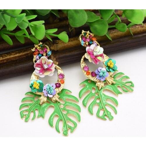 Exaggerated Large Leaf Drop Earings Resin Bead Colorful Sequins Flower Dangle Earrings for Women Wedding Statement Ears Jewelry