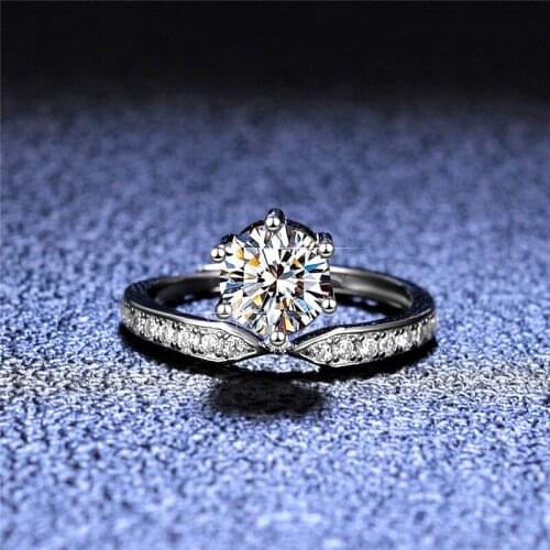 Silver Diamond Test Passed Excellent Cut 1 Carat D Color High Clarity Moissanite Sparkling Crown Ring Silver 925 Wedding Jewelry