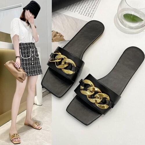 Women Slippers 2021 Fashion Summer Woman Sandals Flat With Metal Slippers Female Shoes For Ladies Sandals Slides Lady