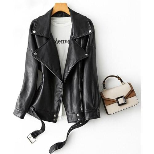Trendy Spring Women Overiszed Turndown Collar Faux Leather Jacket with Belt Moto Biker Loose Black Pu Leather Coat Outwear