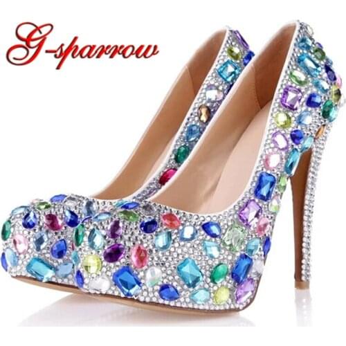 Custom Made Stone Wedding Shoes Mixed Color Blue Purple Pink Anniversary Ceremony Pumps Rhinestone Bride Dress Shoes