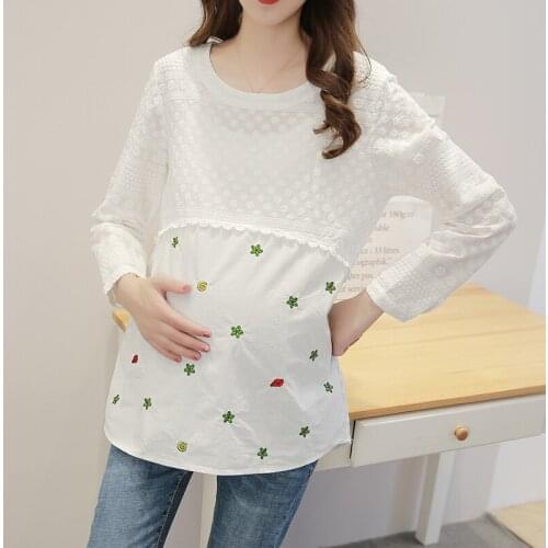 Spring Fashion Maternity T-shirts Embroidery Floral Loose Clothes for Pregnant Women Office Work Pregnancy Tops Tunic Shirt