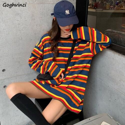 T-shirts Womens Colorful Long Sleeve O-neck Streetwear Harajuku Retro Korean Style Ulzzang Simple Casual Loose Femme Oversized