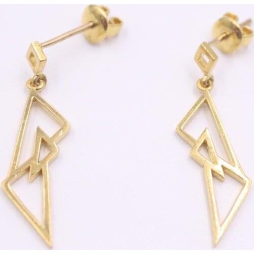 Real 18K Yellow Gold Earrings Hook For Women Charm Diamond-shaped Earrings Drop Gift Rolo Chain Beads Tassel