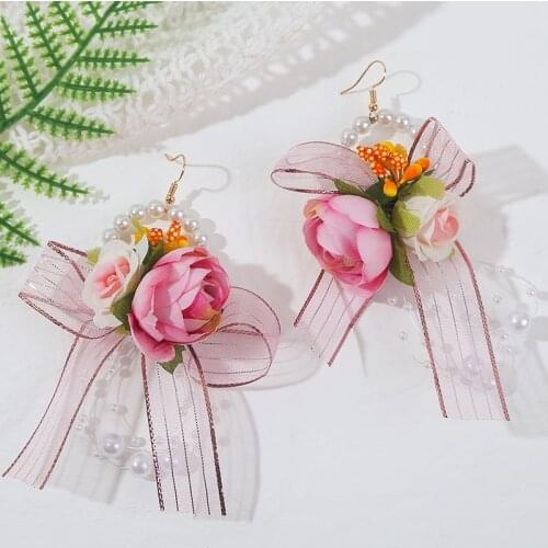 Korean Style Trendy Female Yarn Bowknot White Pink Fabric Flower Drop Earrings For Women Simulated Pearl Dangle Earring Jewelry