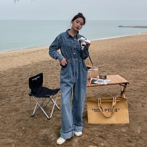 Spring Fall Women Long Sleeve Patchwork Loose Denim Jumpsuit Streetwear Hip Hop Straight Jeans One Piece Pants Set Overalls 7610