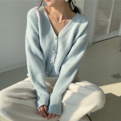 Womens Solid Knit Long Sleeve Sweater Cardigan 2021 Autumn V-neck Single Breasted Loose Knitwear Lady Sweet Fashion Cardigans