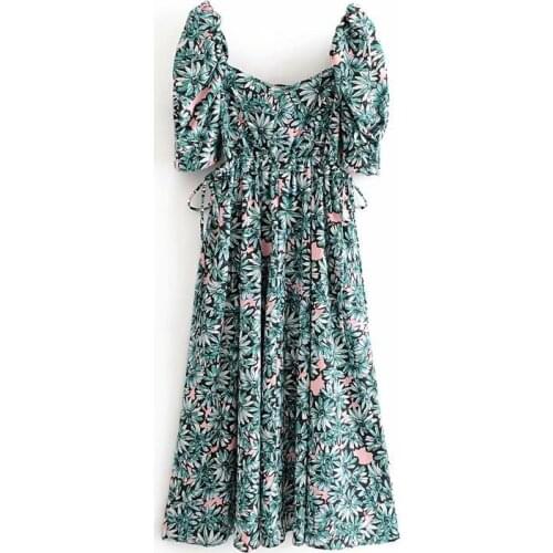 Women Spring Square Collar High Waist Floral Dress Puff Sleeve Sweet Dresses Printed Vintage Party Dress Woman Clothes 2711