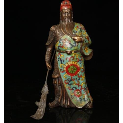 11"Tibet Buddhism Temple Old Bronze Cloisonne Enamel God of Wealth Statue Guan Yu Take the moon knife Enshrine the Buddha