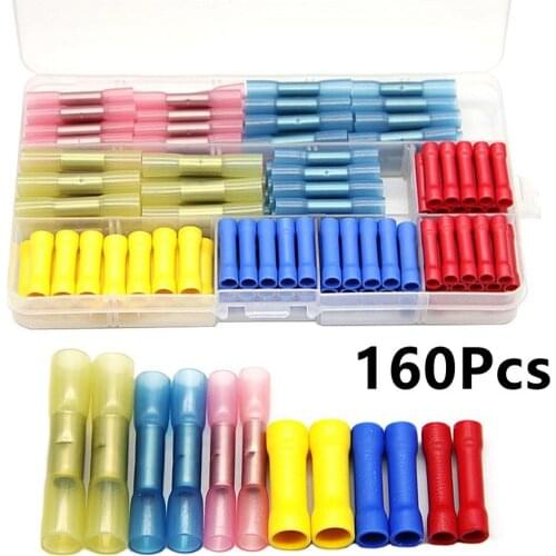 160Pcs Waterproof Heat Shrink Butt Connectors Electrical Wire Splice Connector Insulated Butt Terminal Cable Crimp Terminals