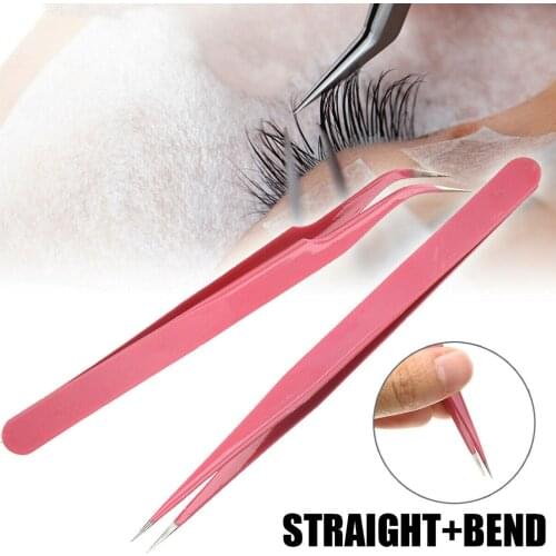 Hot Sale New 2PCS Stainless Steel Pink Straight + Bend Tweezer For Eyelash Extensions Nail Art Nippers