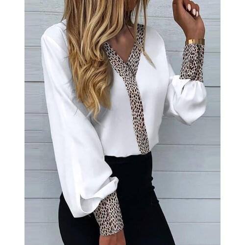 2021 Spring Summer V Neck Leopard Print Colorblock Long Lantern Sleeve Elegant Blouse Womens Clothing Workwear Shirts White Top