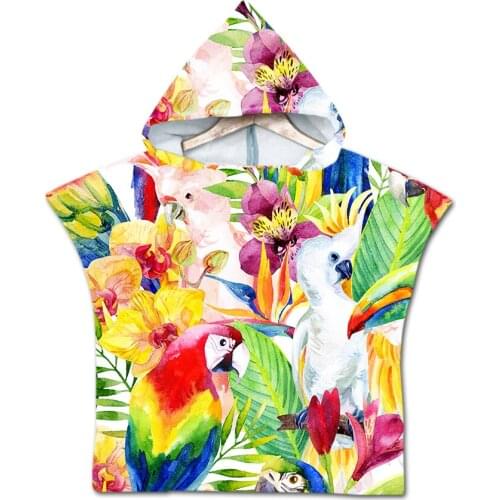 Free shipping Tropical Summer Palmtree Leaves Parrot Birds Baby Kids Hooded Pool Bath Swim Beach Poncho Towel Cape