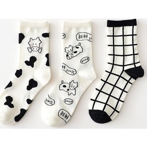 Caramella 2020 New Cotton Women Socks 3Pairs/Lot Black White Short Socks Cute Milk Cow Pattern Girls Socks Black Female Socks