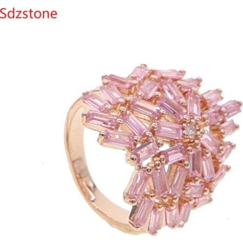 Double Fair Unique New Simple Love Heart Full Pink Zircon Rose Gold Color Rings For Women Gift Fashion Jewelry