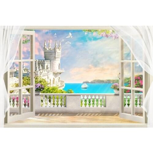 Seaside Bay Castle Balcony View Photography Backgrounds Customized Baby Portrait Photographic Backdrops For Home Photo Studio