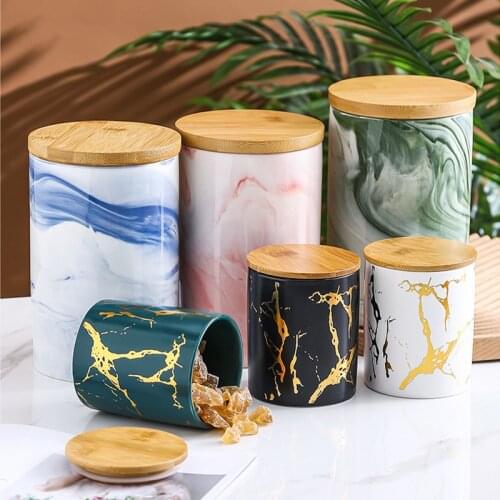 Ceramic Airtight Jar Nordic Marbled Tea Storage Canister Dried Fruit Coffee Scented Tea Candy Storage Jar Kitchen Storage Jar