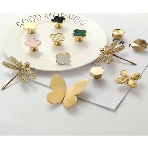 1PC Brass wardrobe handle Nordic light luxury pastoral style single hole butterfly dragonfly brass cabinet door drawer handle