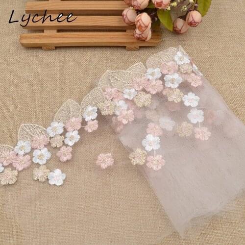 Lychee 1 Yard Flower Leaves Embroidered Tulle Lace Trim Fabric Women Wedding Dress DIY Sewing Handmade Garment Cloth
