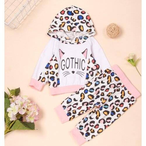 Fashion Clothes Baby Girl Clothes Set 2 Piece Leopard Print Patchwork Long Sleeve Hooded Sweater Tops+trousers Kids Outfit 3-18M