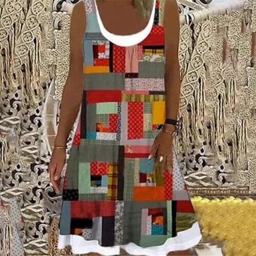 2021 Fashion Summer Womens Round Neck Sleeveless Printed Contrast Pocket Dress Beach Dress Party Dresses for Women