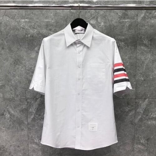 2021 Fashion Brand Shirts Men White Red Black Striped Short Casual Shirt Turn Down Collar Oxford Solid Mens Clothing