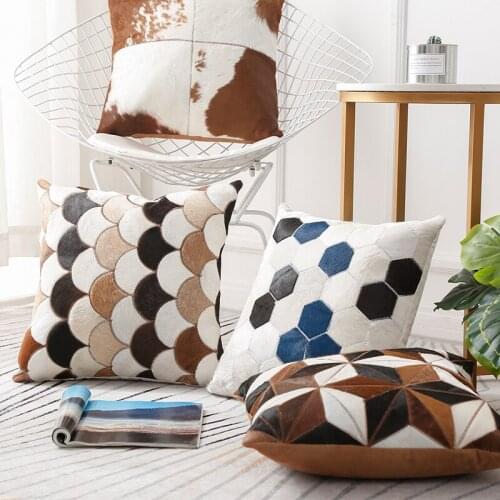 Single side genuine cowhide skin fur pillow , natural color hand made decoration leather seat cushion 45x45cm SALES