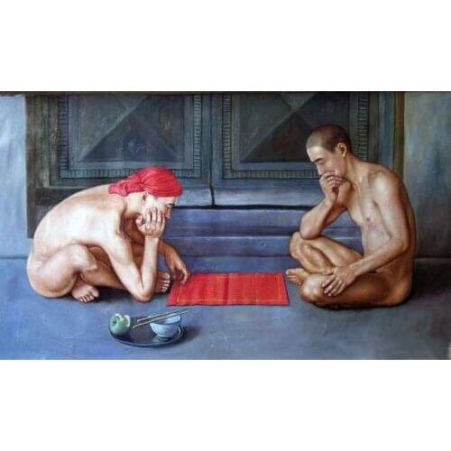 Huge GAY oil painting male portrait two young men playing chess canvas 36"