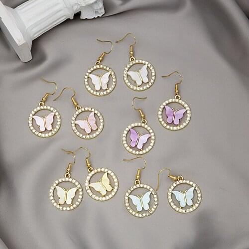 Origin Summer Korean Fashion Circle Geometrical Hollow Dangle Earrings for Women Bling Butterfly Rhinestone Earrings Jewelry