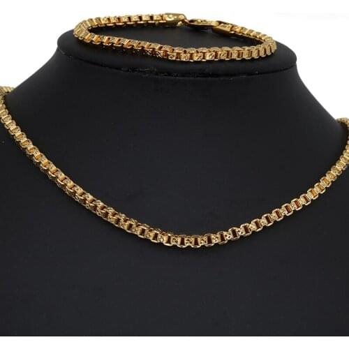 Indian Mens Copper Box Necklace Jewelry Set Classic 4mm Wide Chain Dubai 24k Gold Color Bracelet For Women Boy African Jewelry