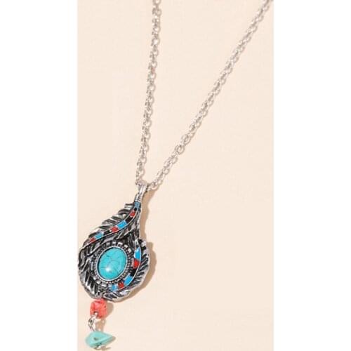 FYSL Silver Plated Feather with Green Turquoises Stone Pendant Link Chain Necklace Vintage Style Jewelry