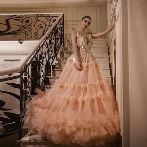 BlushPuffy Tulle Beaded Prom Dresses With Deep V Neck Sexy Backless Party Gowns For Quinceanera Plus Sizer Aso Ebi Evening Dress