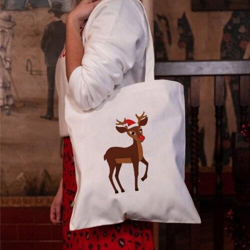 Christmas Holiday Themed Shopping Bag Kawaii Cute Elk Women Canvas Tote Purse Shoulder Crossbody Handbag Casual Bag Girl