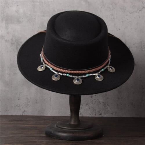 Women Men Wool Fedora Hat Lady Tassel Pork Pie Hat Gentleman Flat Church Porkpie Top Jazz Hat Size 56-58CM