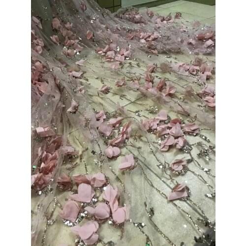 Modern design L-1096813 french net lace fabric with 3D flower glued glitter african Tulle lace fabric