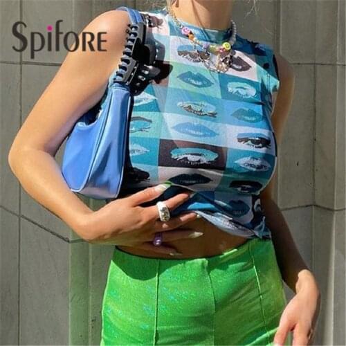 Spifore Fashion Mesh Top See Through Sexy Off Shoulder Print Women Clothes Summer Women 2021 Streetwear Tie Dye Tank Tops