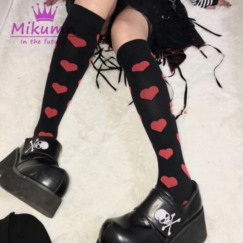 Streetwear Women Harajuku Punk Black Red Polka Dot / Love Heart Slim Cotton Long Socks Gothic Lolita